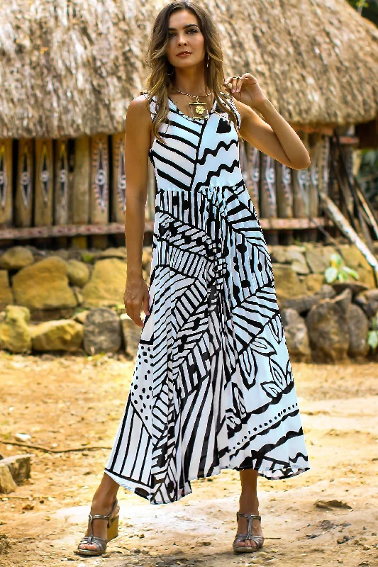 Long-sleeved Dresses for Coverage -Black and White Jungle Onyx and Eggshell Rayon A-Line Dress from Bali