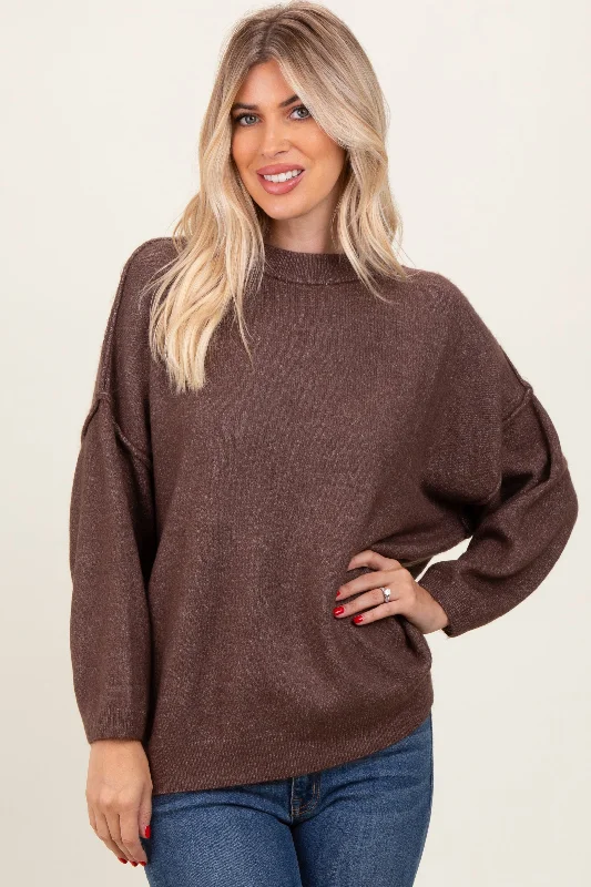 Cable - Trimmed Sweaters for Added Detail -Brown Oversized Crewneck Melange Knit Sweater