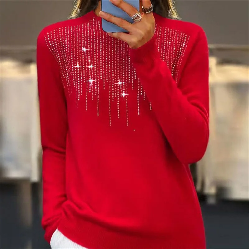 Rhinestone - Embellished Sweaters for Bling -Women's Pullover Sweater Half-high Collar With Diamonds