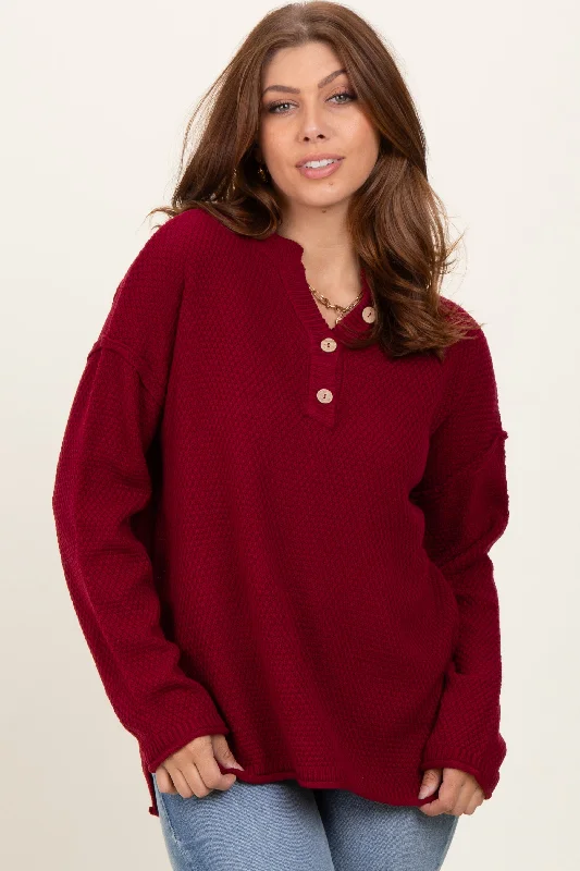 Mock - Neck Sweaters for Subtle Style -Burgundy Diamond Knit Button Detail Sweater