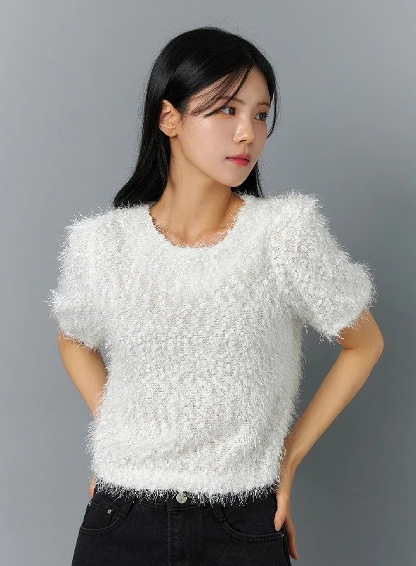 Round Neck Sweaters for Casual Comfort -Textured Short Sleeve Knit Sweater ON320