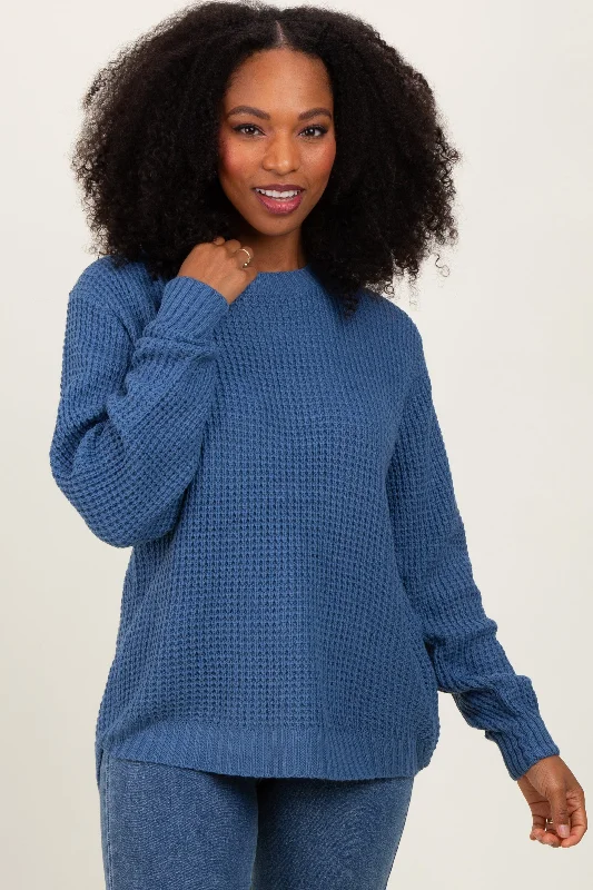 Boat Neck Sweaters for Chic Style -Dark Periwinkle Waffle Knit Rounded Hem Sweater