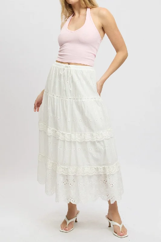 Designer pencil skirts for sharp professional looks -White Maxi Skirt High Waisted Tiered Broidery Eyelet