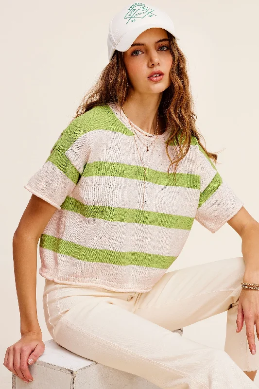 Bell - Sleeve Sweaters for Fashionable Look -Green Lightweight Stripe Sweater Short Sleeve Top