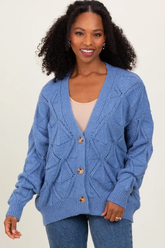 Plus - Size Sweaters for Curvy Women -Blue Diamond Knit Button Up Sweater Cardigan