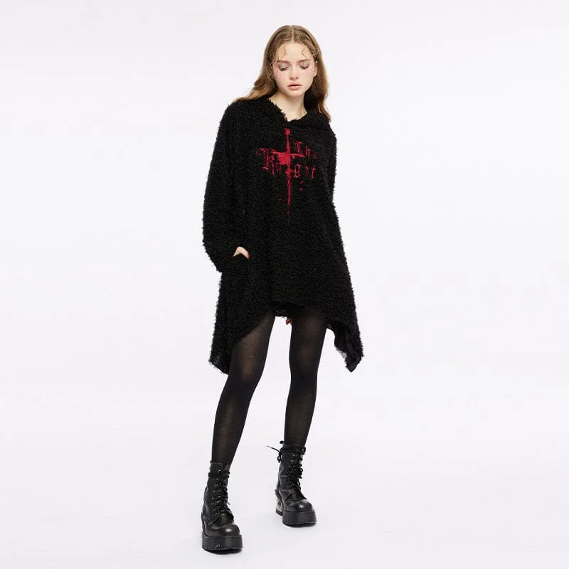 Boat Neck Sweaters for Chic Style -Women's Grunge Irregular Sword Embroidered Sweater with Hood