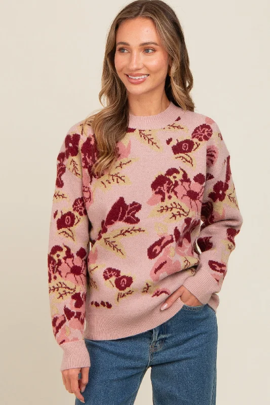 Mohair Sweaters for Soft Texture -Mauve Floral Print Crew Neck Sweater