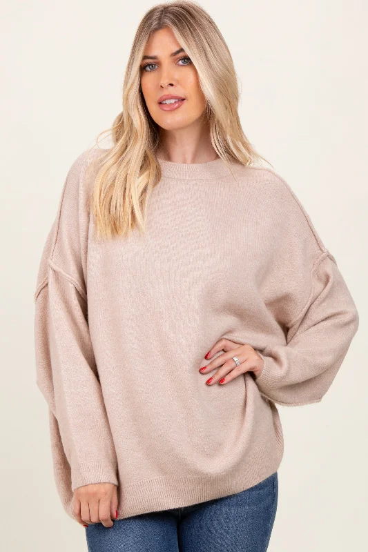 Party - Wear Sweaters for Special Occasion -Beige Oversized Crewneck Melange Knit Sweater