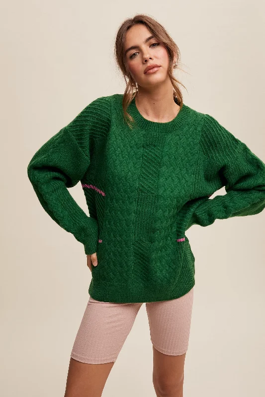 Polyester Sweaters for Durable Use -Green Striped Mixed Cable Knit Sweater