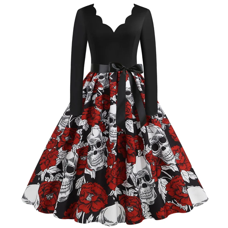 Celtic Dresses with Knotwork -Slim Fit Skull Print Swing Dress