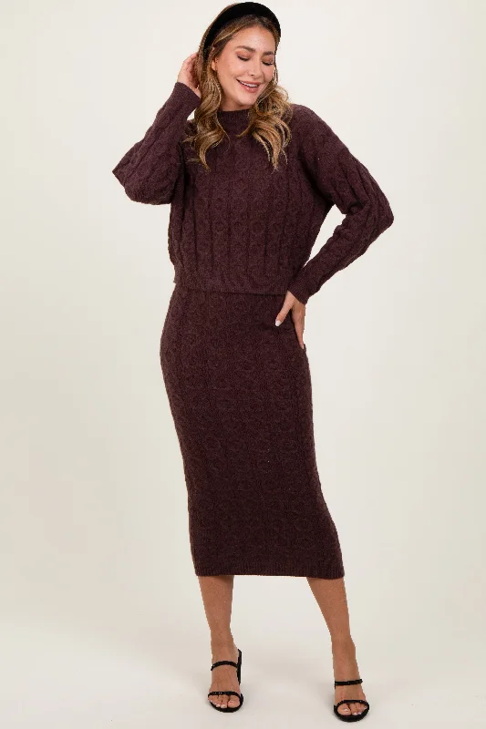 Acrylic Sweaters for Affordable Price -Brown Cable Knit Cropped Sweater Midi Skirt Set