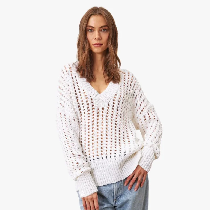 Mohair Sweaters for Soft Texture -Addie Crochet Knit V-Neck Cotton Sweater (Coconut)