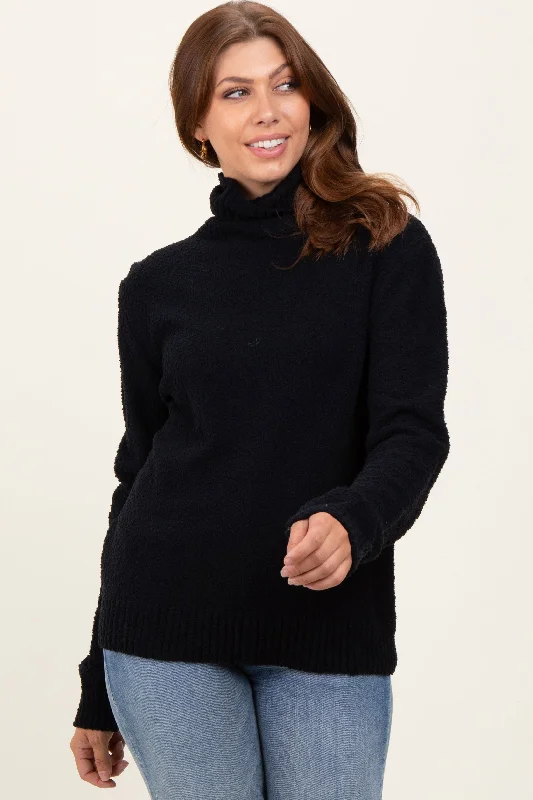 Batwing - Sleeve Sweaters for Loose Fit -Black Turtleneck Chenille Knit Sweater