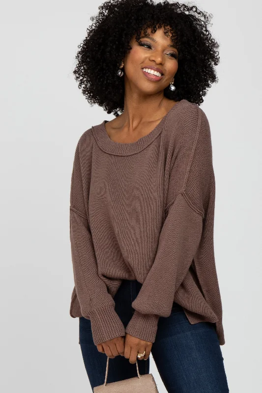 Wrinkle - Resistant Sweaters for Easy Care -Brown Exposed Seam Side Slit Sweater