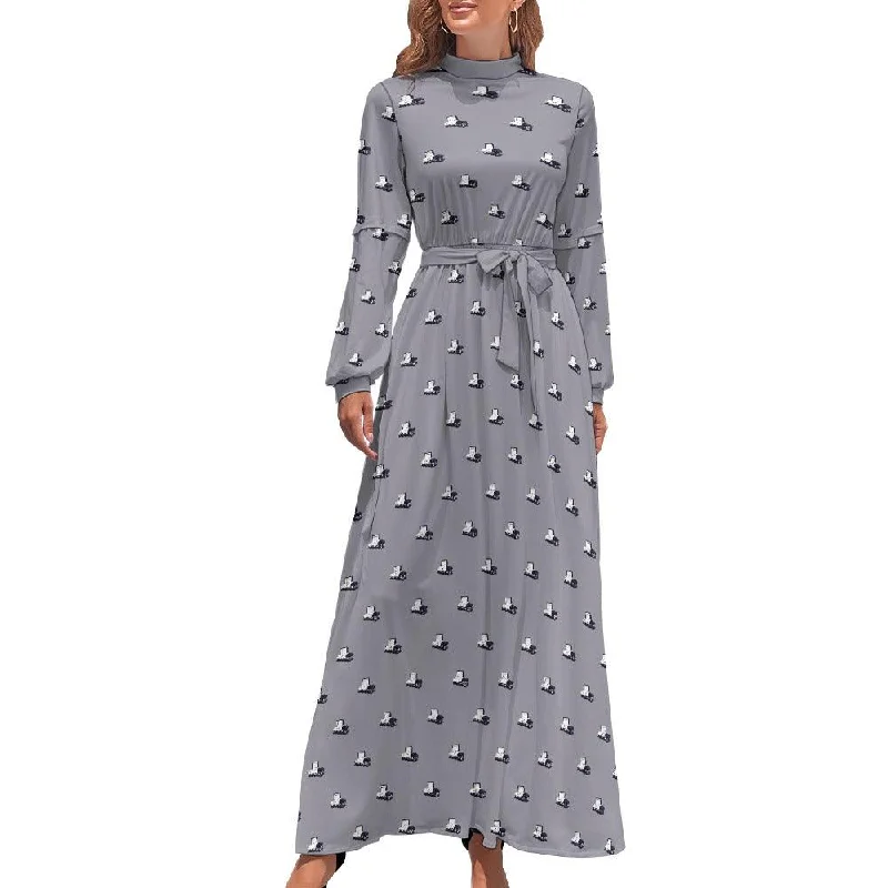 Tiered Dresses for Voluminous -Dark Purple Casket on Lilac Grey - High Collar Long Sleeve Dress