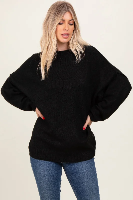 Rhinestone - Embellished Sweaters for Bling -Black Oversized Crewneck Melange Knit Sweater