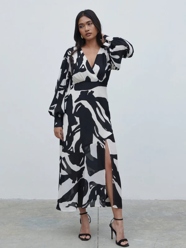 Sequined Dresses for Sparkle -Lilianna Balloon Sleeve Midaxi Dress (Monochrome Abstract)