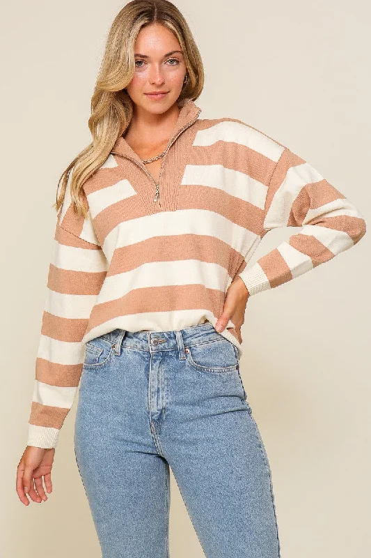 Sleeveless Sweaters for Layering -Taupe Cream Polo Half Zip Up Striped Sweater Top