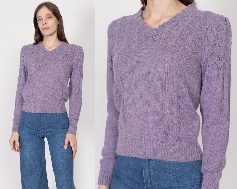 Halter Neck Sweaters for Stylish Look -Medium 70s Purple Eyelet Knit Sweater