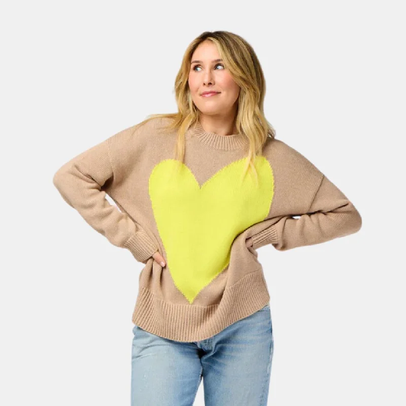 Polyester Sweaters for Durable Use -Benton Imperfect Heart Sweater (Taupe + Citron)