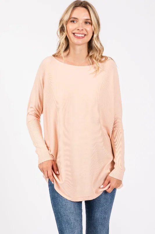 Modern - Design Sweaters for Trendy Fashion -Peach Soft Knit Boatneck Dolman Sleeve Sweater