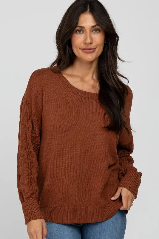 Stretch - Fit Sweaters for Comfort -Camel Knit Braided Sleeve Sweater