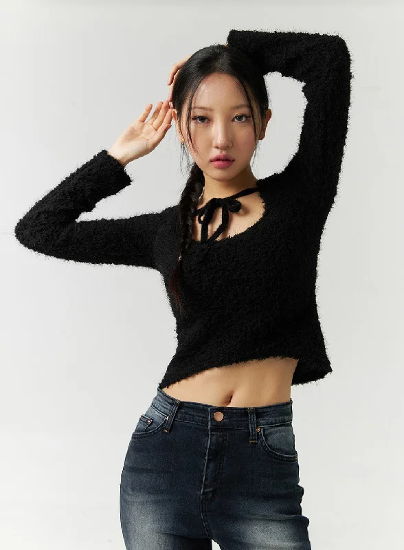 Cotton Sweaters for Everyday Wear -Faux Fur Cropped Sweater with High Collar Ribbon CD301