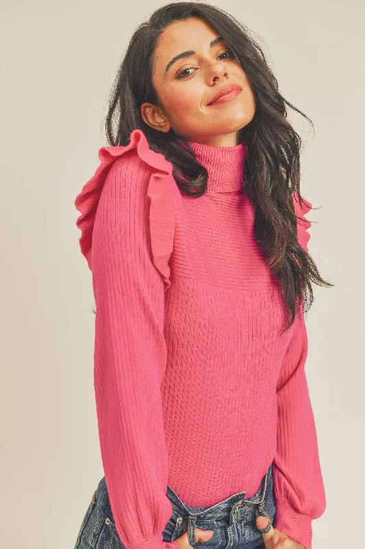 Long - Sleeve Sweaters for Full Coverage -Deep Pink Shoulder Ruffle Turtleneck Sweater