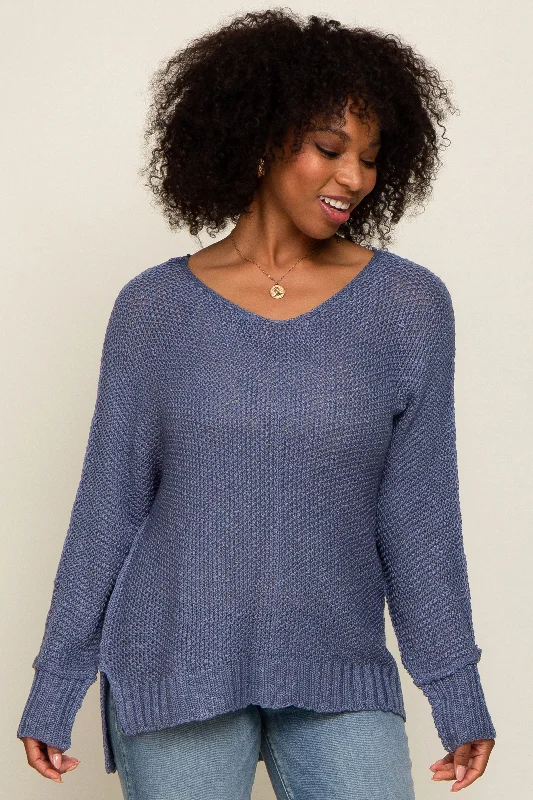 Moisture - Wicking Sweaters for Active -Blue Chunky Knit Side Slit Sweater