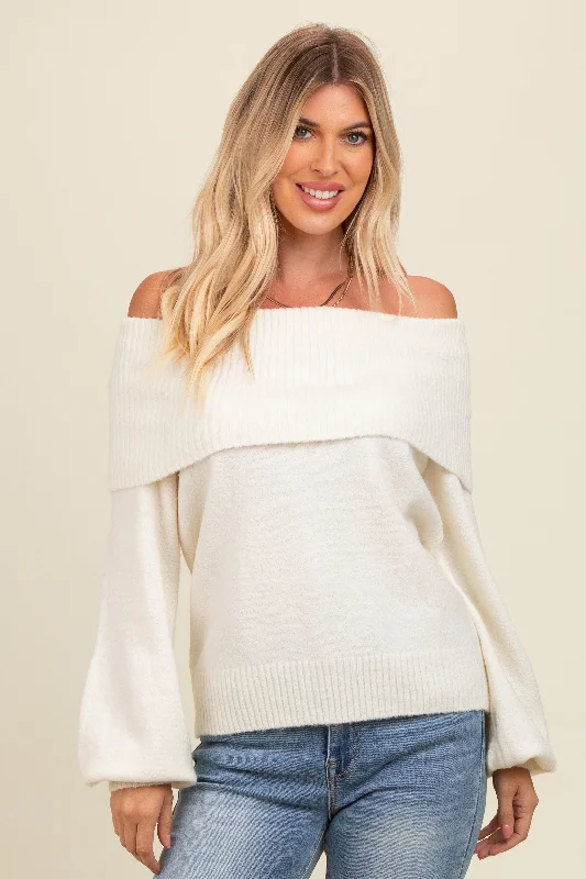 Plus - Size Sweaters for Curvy Women -Ivory Off Shoulder Foldover Sweater