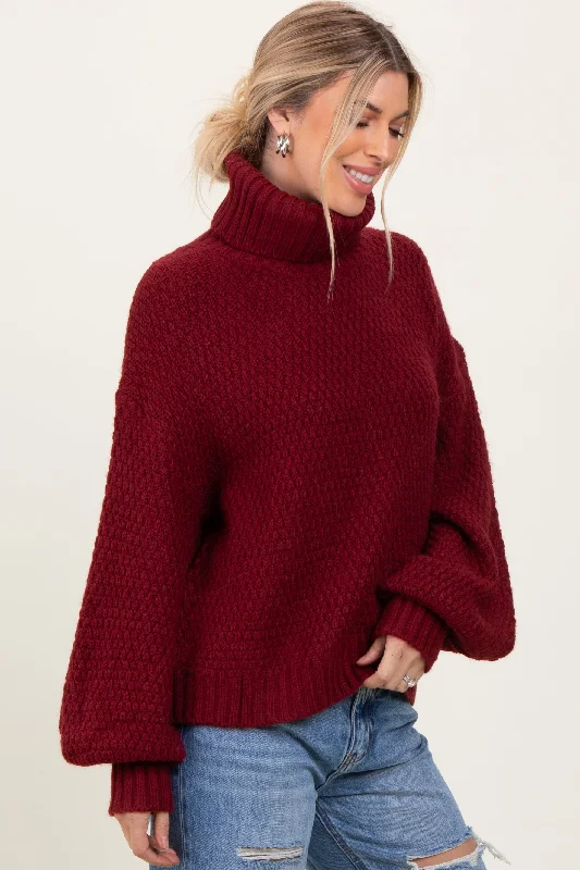 UV - Protective Sweaters for Outdoor -Burgundy Chunky Knit Turtleneck Sweater