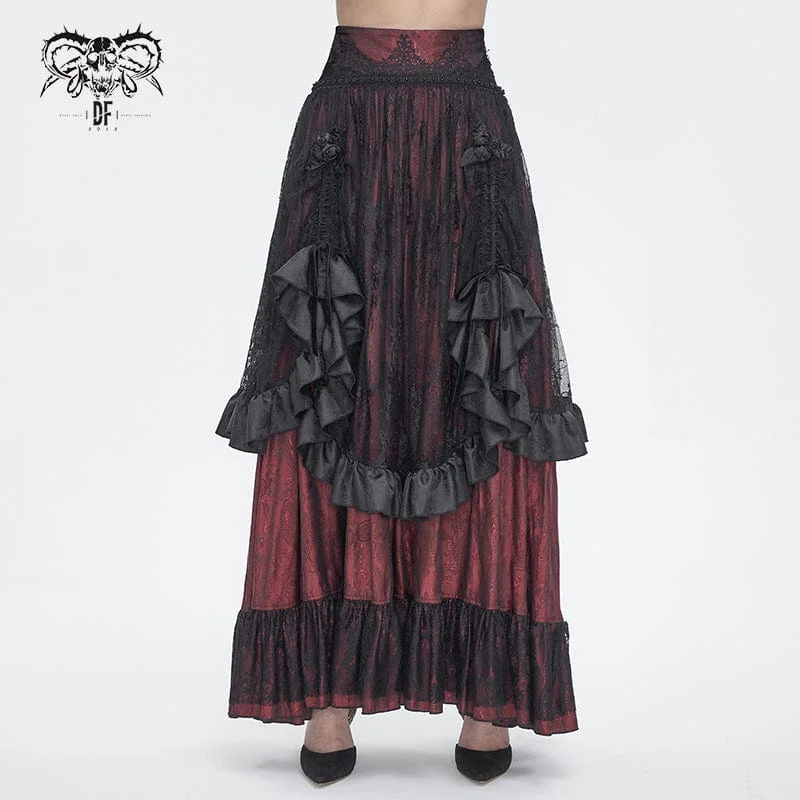 A-line mini skirts for fun flirty looks -Women's Gothic Drawstring Ruffled Red Lace Skirt