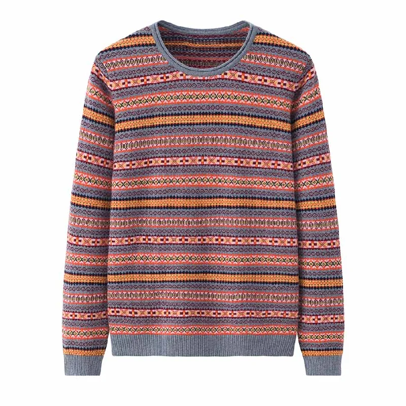 Pocket - Equipped Sweaters for Convenience -Striped Round Collar Cashmere Sweater