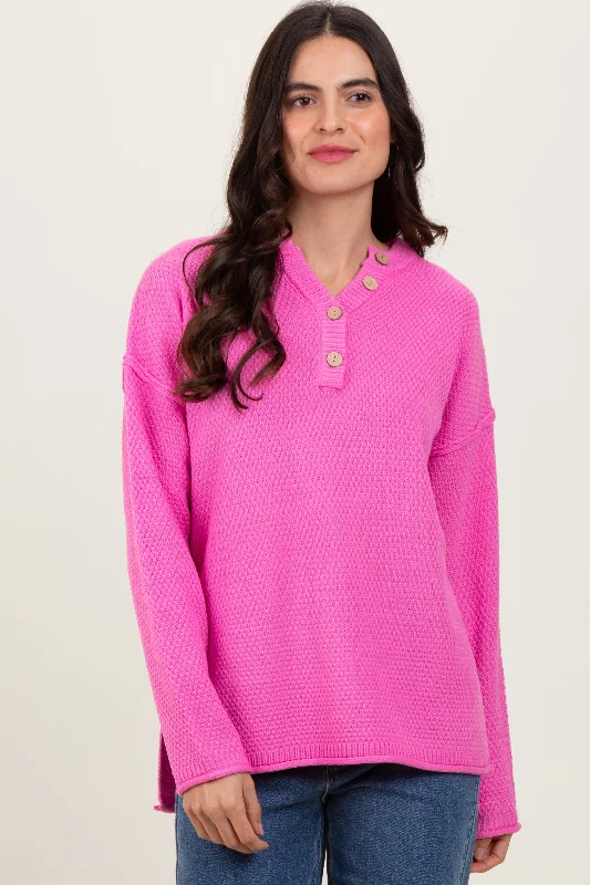 Casual - Wear Sweaters for Weekend -Pink Diamond Knit Button Detail Sweater