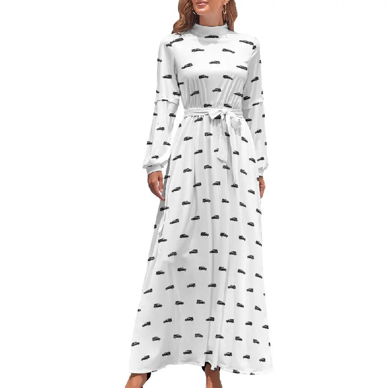 Pencil Dresses for Slimming -Black Hearse on White - High Collar Long Sleeve Dress