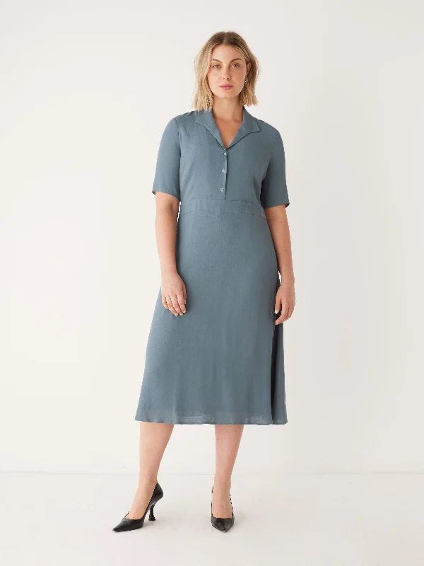 Office Dresses for Business -The Fluid Poet Collar Long Dress in Stormy Blue