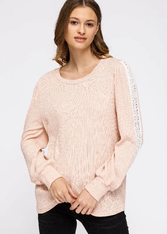 Lace - Trimmed Sweaters for Feminine Detail -Women's Round Neck Sweater With Long Cuff Sleeves in Blush