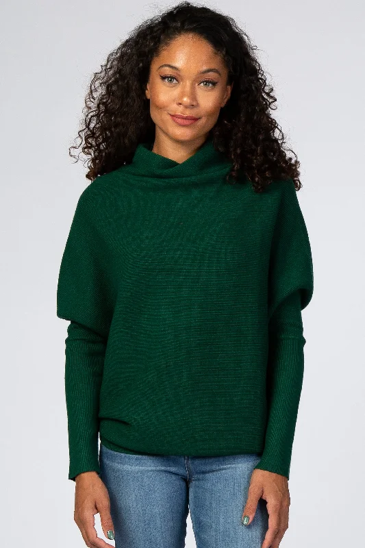 Regular - Fit Sweaters for Standard Size -Forest Green Funnel Neck Dolman Sleeve Sweater