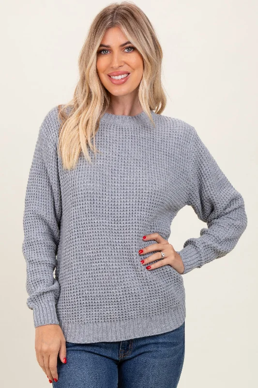 Office - Appropriate Sweaters for Work -Heather Grey Waffle Knit Rounded Hem Sweater