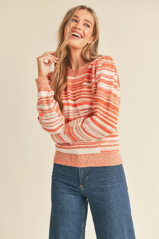 Ribbed Sweaters for Textured Look -Clay Ivory Puff Shoulder Striped Sweater