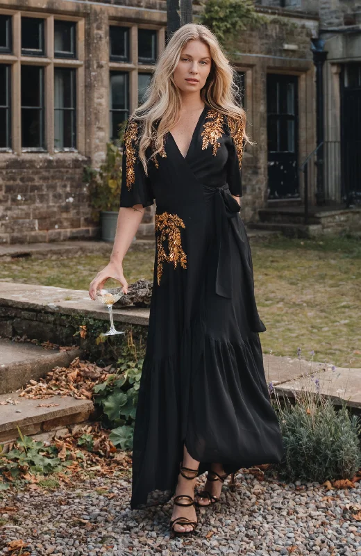 Vintage Dresses for Nostalgia -The Artemis Embellished Maxi Wrap Dress (Black/Gold)