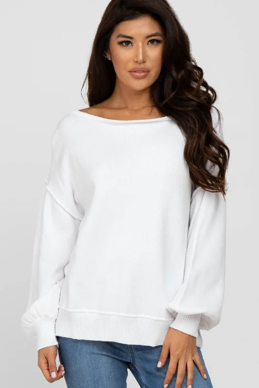 Puffed - Sleeve Sweaters for Feminine Style -White Boat Neck Bubble Sleeve Sweater