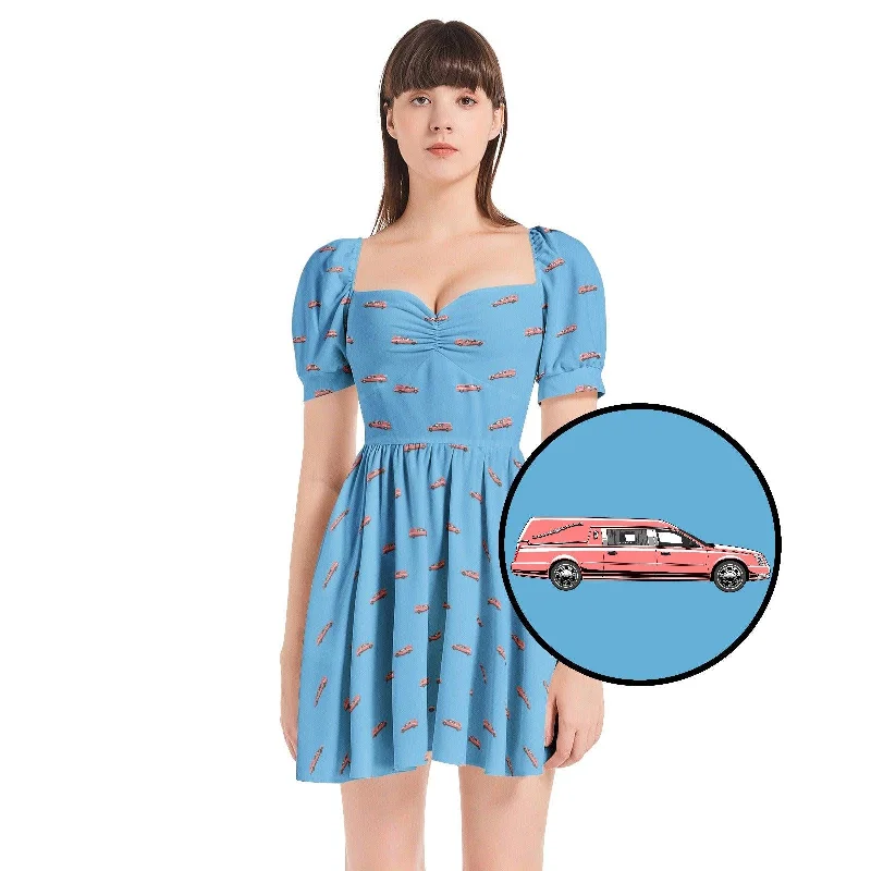 Anniversary Dresses for Special -Pink Hearse on Baby Blue - Puff Sleeve Sweetheart Dress