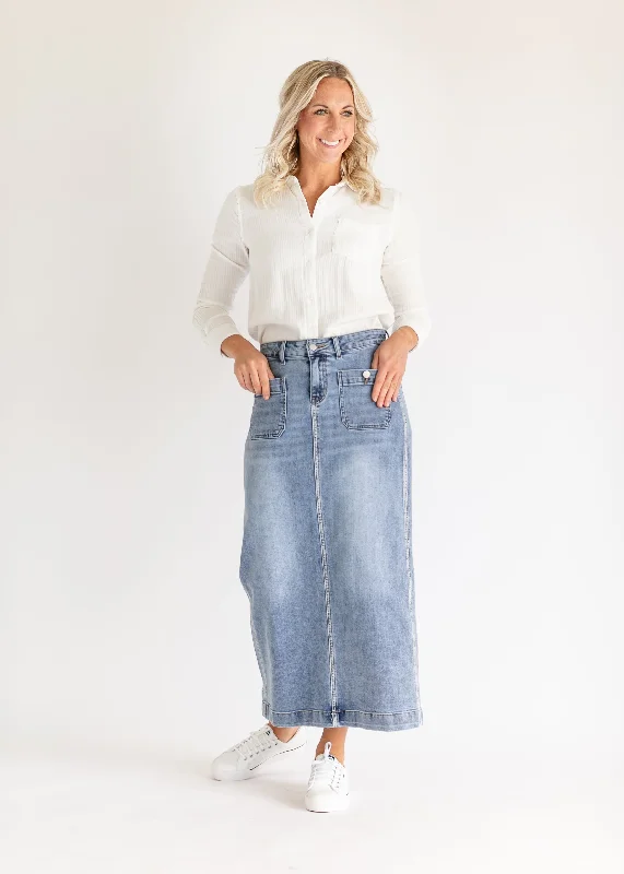 Vintage denim skirts for nostalgic charm -Elin Front Pocket Maxi Skirt