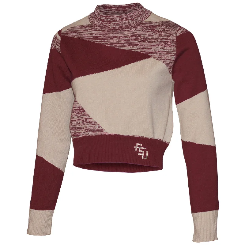 Polyester Sweaters for Durable Use -Emerson Street Women's Stacked FSU Logo Heather Knit Long Sleeve Crop Sweater - Garnet/Gold