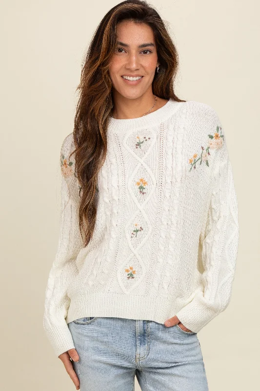 Fair Isle Sweaters for Patterned Design -Ivory Embroidered Flower Cable Knit Sweater