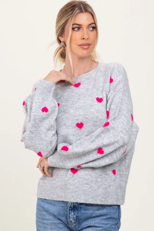 Batwing - Sleeve Sweaters for Loose Fit -Heather Grey Heart Print Oversized Sweater