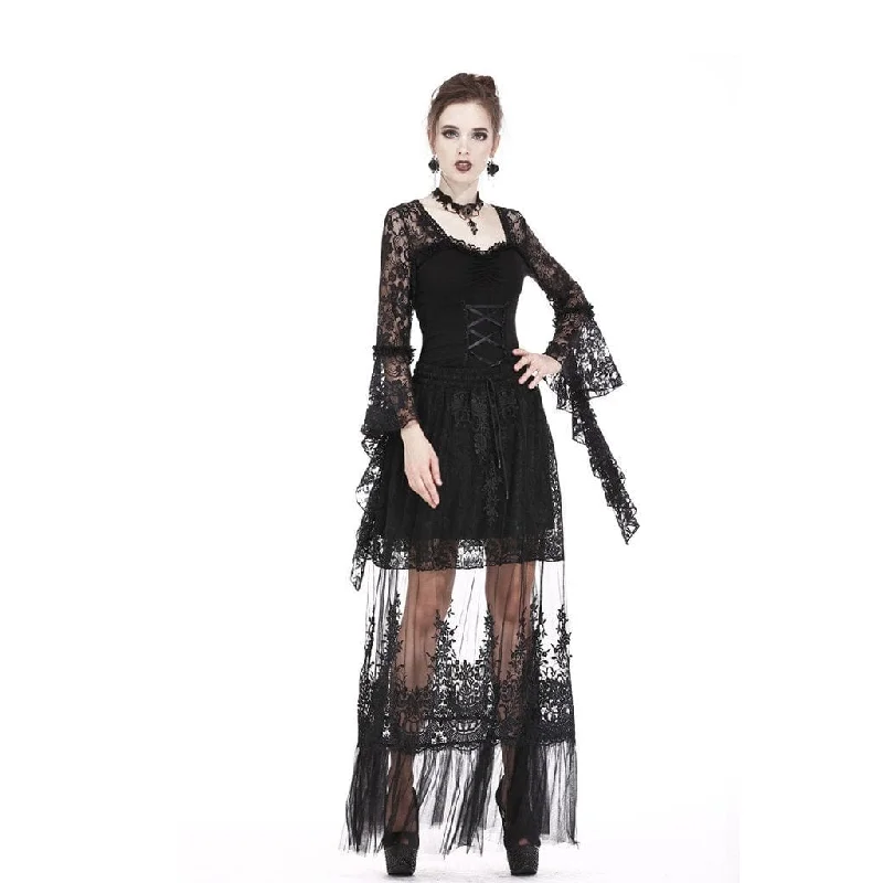 A-line skirts for flattering timeless silhouettes -Women's Goth Floral Embroideried Translucent Lace Maxi Skirt