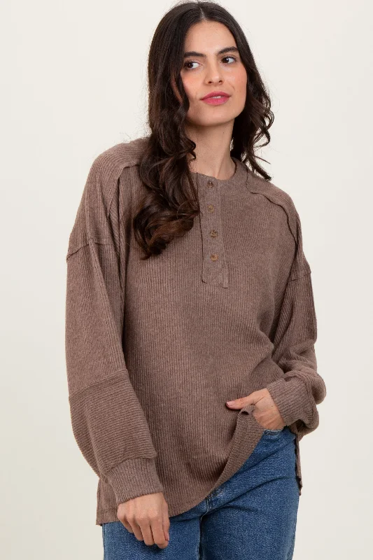 Christmas Sweaters for Holiday Spirit -Mocha Oversized Ribbed Knit Henley Sweater