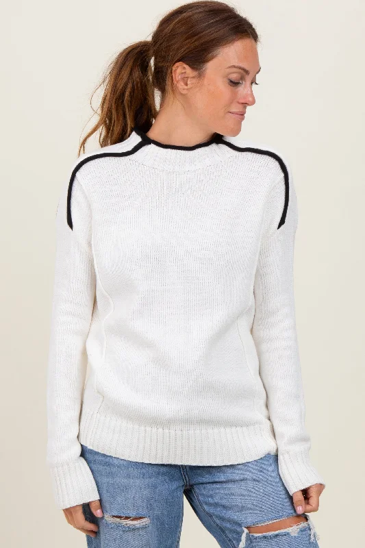 Machine - Washable Sweaters for Convenience -Ivory Mock Neck Contrast Piping Sweater